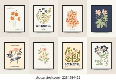 Abstract floral posters template. Modern trendy Matisse minimal style. Groovy. Hand drawn design for wallpaper, wall decor, print, postcard, cover, template, banner. 