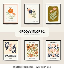 Abstract floral posters template. Modern trendy Matisse minimal style. Groovy. Hand drawn design for wallpaper, wall decor, print, postcard, cover, template, banner. 