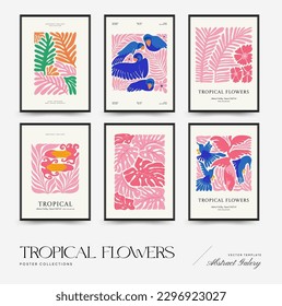 Plantilla de afiches florales abstractos. Moderna moda Matisse minimalista. Selva tropical. Diseño dibujado a mano para papel pintado, decoración de pared, impresión, postal, cubierta, plantilla, banner. 