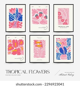 Plantilla de afiches florales abstractos. Moderna moda Matisse minimalista. Selva tropical. Diseño dibujado a mano para papel pintado, decoración de pared, impresión, postal, cubierta, plantilla, banner. 