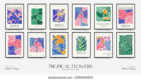 Abstract floral posters template. Modern trendy Matisse minimal style. Tropical jungle. Hand drawn design for wallpaper, wall decor, print, postcard, cover, template, banner. 