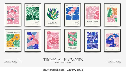 Abstract floral posters template. Modern trendy Matisse minimal style. Tropical jungle. Hand drawn design for wallpaper, wall decor, print, postcard, cover, template, banner. 