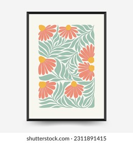 Abstract floral posters template. Modern trendy Matisse minimal style. Pink and blue colors. Hand drawn design for wallpaper, wall decor, print, postcard, cover, template, banner. 