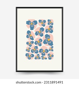 Abstract floral posters template. Modern trendy Matisse minimal style. Pink and blue colors. Hand drawn design for wallpaper, wall decor, print, postcard, cover, template, banner. 