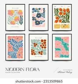 Abstract floral posters template. Modern trendy Matisse minimal style. Pink and blue colors. Hand drawn design for wallpaper, wall decor, print, postcard, cover, template, banner. 