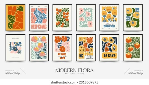 Abstract floral posters template. Modern trendy Matisse minimal style. Pink and blue colors. Hand drawn design for wallpaper, wall decor, print, postcard, cover, template, banner. 