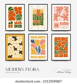 Abstract floral posters template. Modern trendy Matisse minimal style. Pink and blue colors. Hand drawn design for wallpaper, wall decor, print, postcard, cover, template, banner. 