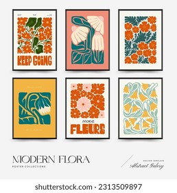 Abstract floral posters template. Modern trendy Matisse minimal style. Pink and blue colors. Hand drawn design for wallpaper, wall decor, print, postcard, cover, template, banner. 