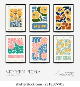 Abstract floral posters template. Modern trendy Matisse minimal style. Pink and blue colors. Hand drawn design for wallpaper, wall decor, print, postcard, cover, template, banner. 