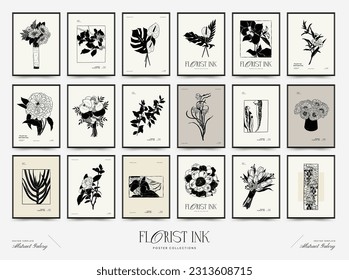 Abstract floral posters template. Modern Botanical trendy black style. Vintage flowers. Ink wall  art.