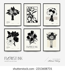 Abstract floral posters template. Modern Botanical trendy black style. Vintage flowers. Ink wall  art.