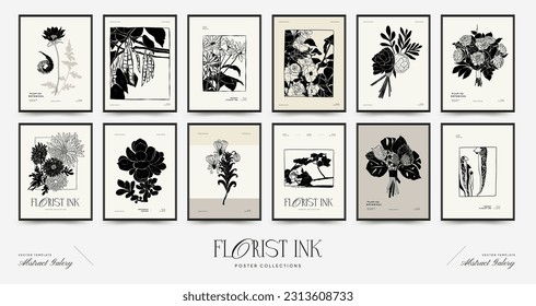 Abstract floral posters template. Modern Botanical trendy black style. Vintage flowers. Ink wall  art.