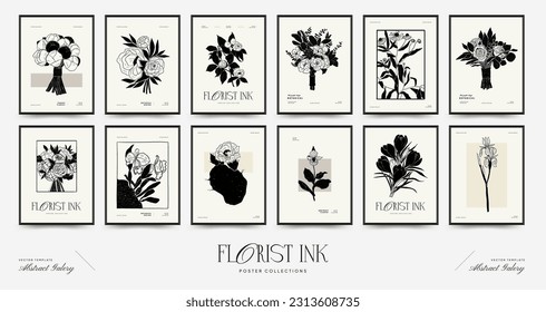 Abstract floral posters template. Modern Botanical trendy black style. Vintage flowers. Ink wall  art.