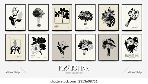 Abstract floral posters template. Modern Botanical trendy black style. Vintage flowers. Ink wall  art.