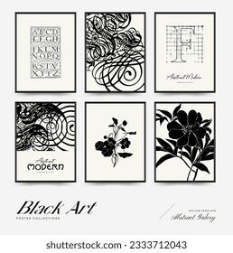 Abstract floral posters template. Modern Botanical trendy black style. Vintage flowers. Ink wall  art.