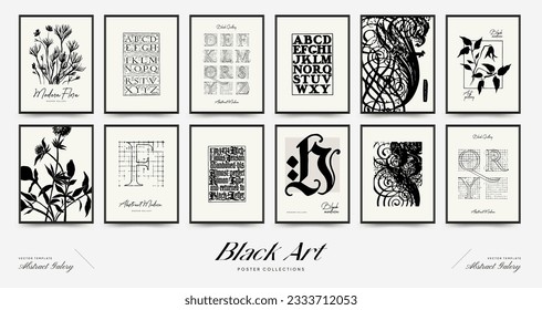 Abstract floral posters template. Modern Botanical trendy black style. Vintage flowers. Ink wall  art.