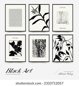 Abstract floral posters template. Modern Botanical trendy black style. Vintage flowers. Ink wall  art.