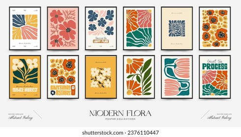 Abstract floral posters template. Modern trendy Matisse minimal style. Pink and blue colors. Hand drawn design for wallpaper, wall decor, print, postcard, cover, template, banner. 