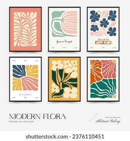 Abstract floral posters template. Modern trendy Matisse minimal style. Pink and blue colors. Hand drawn design for wallpaper, wall decor, print, postcard, cover, template, banner. 