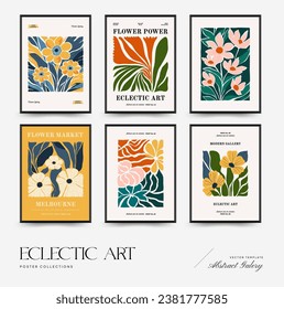 Abstract floral posters template. Modern trendy Matisse minimal style. Pink and blue colors. Hand drawn design for wallpaper, wall decor, print, postcard, cover, template, banner. 