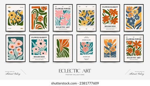 Abstract floral posters template. Modern trendy Matisse minimal style. Pink and blue colors. Hand drawn design for wallpaper, wall decor, print, postcard, cover, template, banner. 