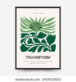 Plantilla de afiches florales abstractos. Moderna moda Matisse minimalista. Selva tropical. Diseño dibujado a mano para papel pintado, decoración de pared, impresión, postal, cubierta, plantilla, banner. 