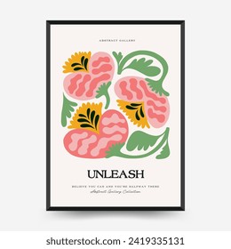 Plantilla de afiches florales abstractos. Moderna moda Matisse minimalista. Selva tropical. Diseño dibujado a mano para papel pintado, decoración de pared, impresión, postal, cubierta, plantilla, banner. 