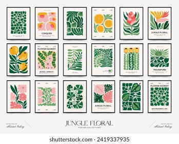 Abstract floral posters template. Modern trendy Matisse minimal style. Tropical jungle. Hand drawn design for wallpaper, wall decor, print, postcard, cover, template, banner. 