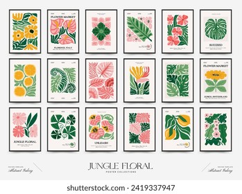 Abstract floral posters template. Modern trendy Matisse minimal style. Tropical jungle. Hand drawn design for wallpaper, wall decor, print, postcard, cover, template, banner. 