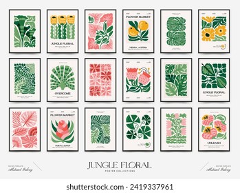 Abstract floral posters template. Modern trendy Matisse minimal style. Tropical jungle. Hand drawn design for wallpaper, wall decor, print, postcard, cover, template, banner. 