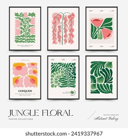 Plantilla de afiches florales abstractos. Moderna moda Matisse minimalista. Selva tropical. Diseño dibujado a mano para papel pintado, decoración de pared, impresión, postal, cubierta, plantilla, banner. 