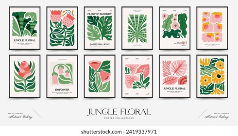 Abstract floral posters template. Modern trendy Matisse minimal style. Tropical jungle. Hand drawn design for wallpaper, wall decor, print, postcard, cover, template, banner. 