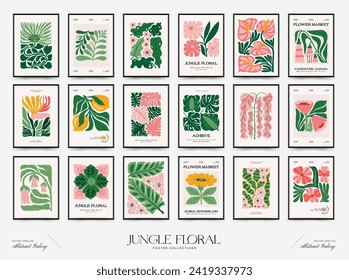 Abstract floral posters template. Modern trendy Matisse minimal style. Tropical jungle. Hand drawn design for wallpaper, wall decor, print, postcard, cover, template, banner. 