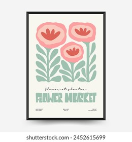 Abstract floral posters template. Modern trendy Matisse minimal style. Pink and blue colors. Hand drawn design for wallpaper, wall decor, print, postcard, cover, template, banner. 