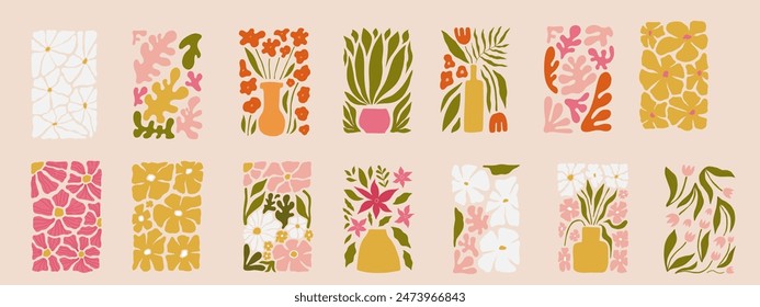 Abstract floral posters template. Modern trendy Matisse minimal style. Yellow and red colors. Hand drawn design for wallpaper, posters, print, postcards, covers, templates, and banners.