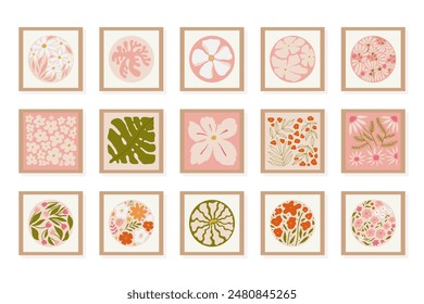 Abstract floral posters template. Modern trendy Matisse minimal style. Pink and green colors. Hand drawn design for wallpaper, wall decor, print, postcards, covers, templates, and banners.