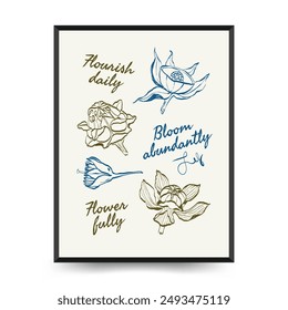 Abstract floral posters template. Modern trendy minimal style. Pink and blue colors. Hand drawn design for wallpaper, wall decor, print, postcard, cover, template, banner. 