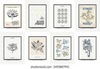 Abstractas Plantilla de pósters florales. Estilo minimalista moderno. Colores rosa y azul. Diseño dibujado a mano para el Fondo de pantalla, decoración de la pared, impresión, postal, cubierta, Plantilla, Anuncio. 