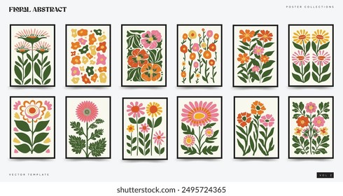 Abstract Floral Posters Template in Modern Trendy Matisse Minimal Style. Hand-Drawn Design. Ideal for Boho Style Poster Designs. Wallpaper, Wall Decor, Prints, Postcards template. Vector illustrations