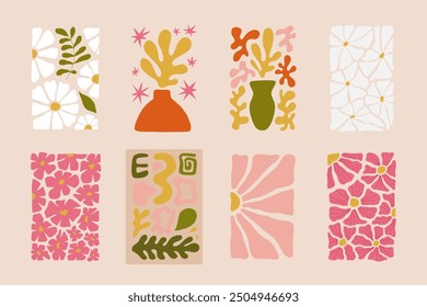 Abstract floral posters template. Modern trendy Matisse minimal style. Pink and green colors. Hand drawn retro design for wallpaper, wall decor, print, postcards, covers, templates, and banners.