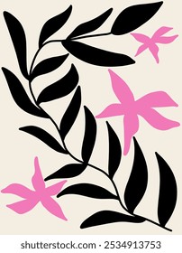 Abstract floral posters template. Modern trendy Matisse minimal style. Pink and black colors. Hand drawn design for wallpaper, wall decor, print, postcard, cover, template, banner. Boho posters style