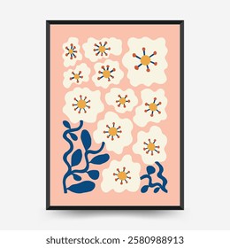 Abstract floral posters template. Modern trendy Matisse minimal style. Pink and blue colors. Hand drawn design for wallpaper, wall decor, print, postcard, cover, template, banner. 