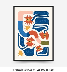 Abstract floral posters template. Modern trendy Matisse minimal style. Pink and blue colors. Hand drawn design for wallpaper, wall decor, print, postcard, cover, template, banner. 
