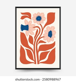 Abstract floral posters template. Modern trendy Matisse minimal style. Pink and blue colors. Hand drawn design for wallpaper, wall decor, print, postcard, cover, template, banner. 