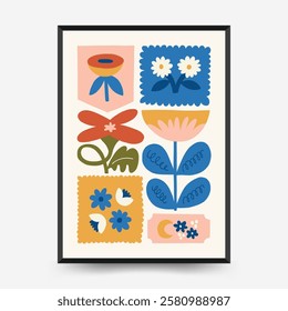 Abstract floral posters template. Modern trendy Matisse minimal style. Pink and blue colors. Hand drawn design for wallpaper, wall decor, print, postcard, cover, template, banner. 