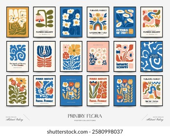 Abstract floral posters template. Modern trendy Matisse minimal style. Pink and blue colors. Hand drawn design for wallpaper, wall decor, print, postcard, cover, template, banner. 