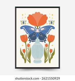 Abstract floral posters template. Modern trendy Matisse minimal style. Pink and blue colors. Hand drawn design for wallpaper, wall decor, print, postcard, cover, template, banner. 