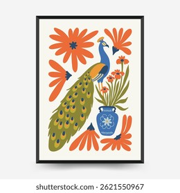 Abstract floral posters template. Modern trendy Matisse minimal style. Pink and blue colors. Hand drawn design for wallpaper, wall decor, print, postcard, cover, template, banner. 