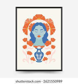 Abstract floral posters template. Modern trendy Matisse minimal style. Pink and blue colors. Hand drawn design for wallpaper, wall decor, print, postcard, cover, template, banner. 