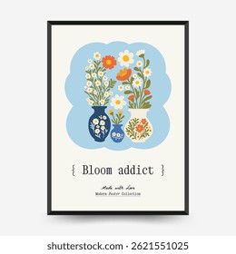 Abstract floral posters template. Modern trendy Matisse minimal style. Pink and blue colors. Hand drawn design for wallpaper, wall decor, print, postcard, cover, template, banner. 